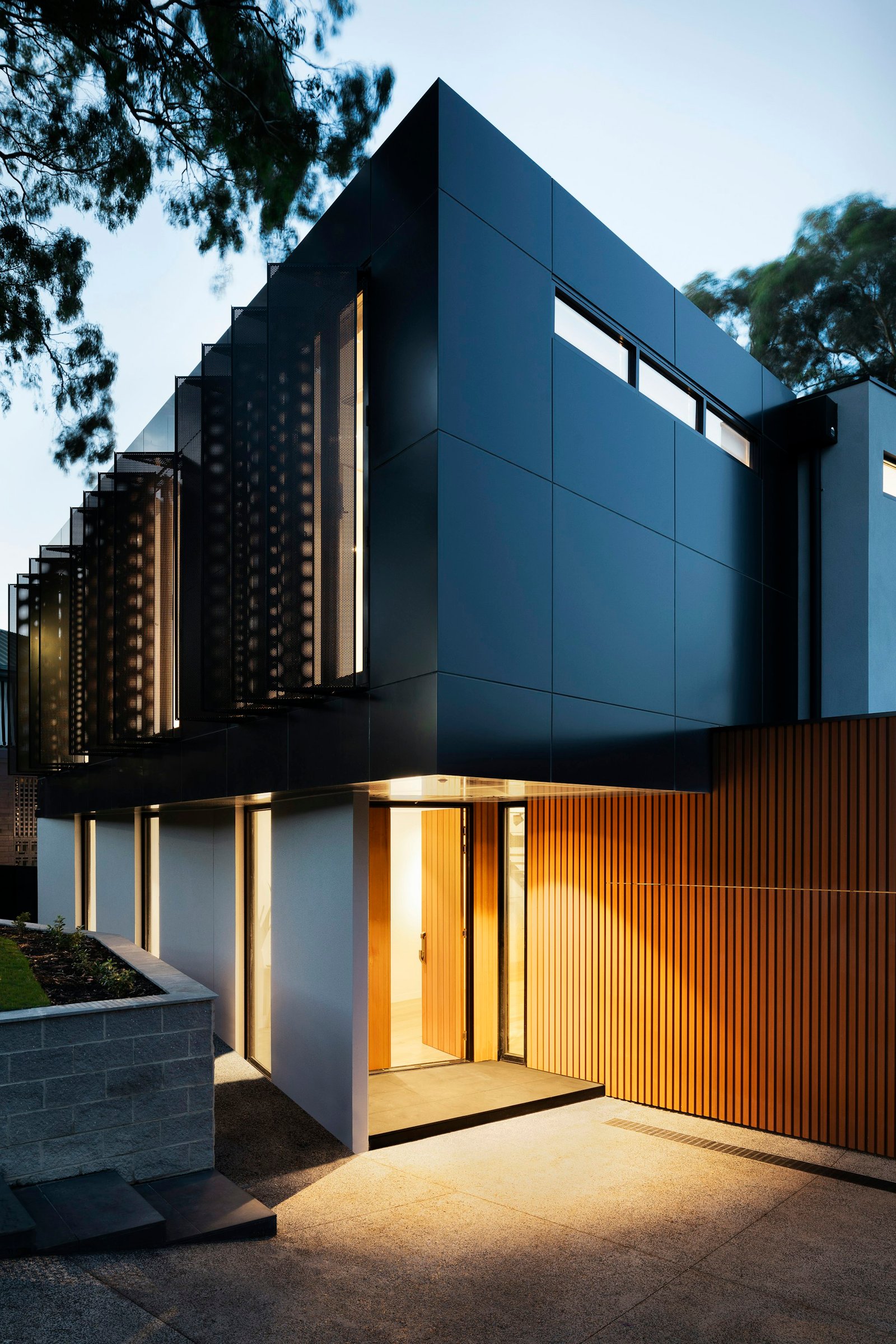 Contemporary luxury residence façade at dusk