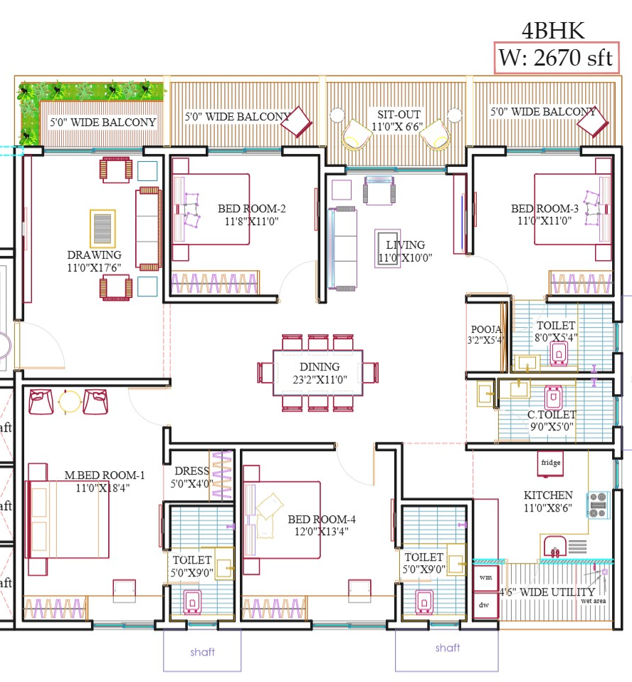 Floor plan of Wing A · Unit A1 — 4 BHK, 2,670 sq.ft, West facing