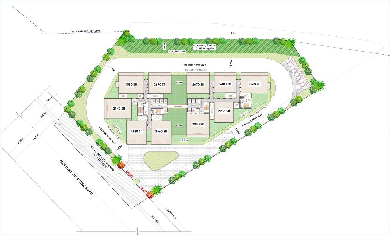 Vertex Autograph site plan — Wing A, Wing B, 150-ft road, driveway and green buffer